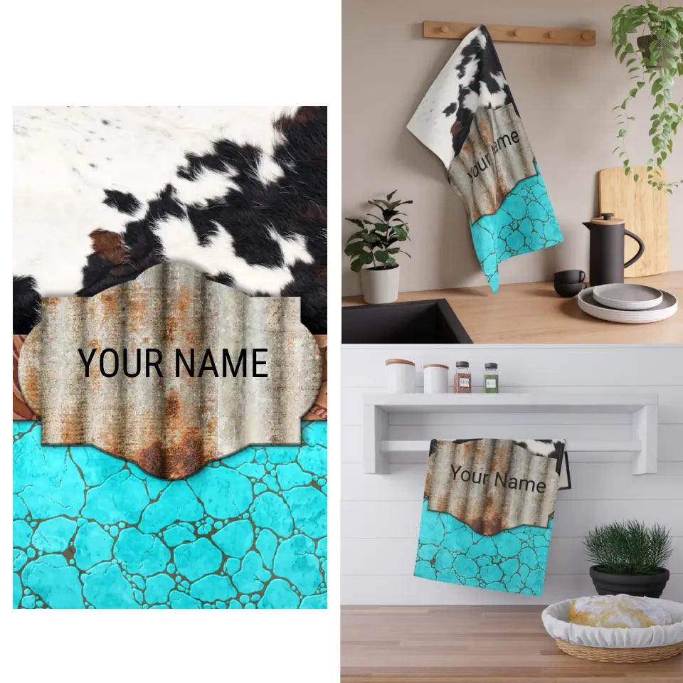 🌵 Personalized Turquoise Western-Themed Kitchen Towel: Rustic Elegance for Your Culinary Space! 🌵