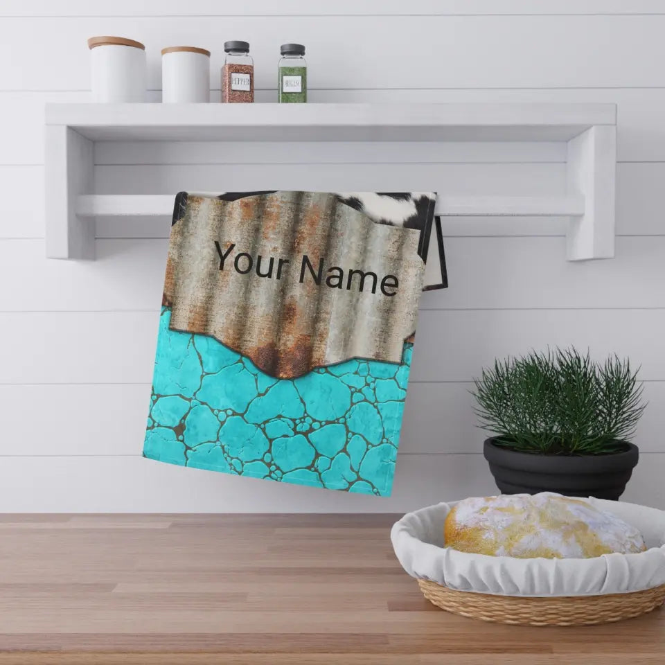 🌵 Personalized Turquoise Western-Themed Kitchen Towel: Rustic Elegance for Your Culinary Space! 🌵